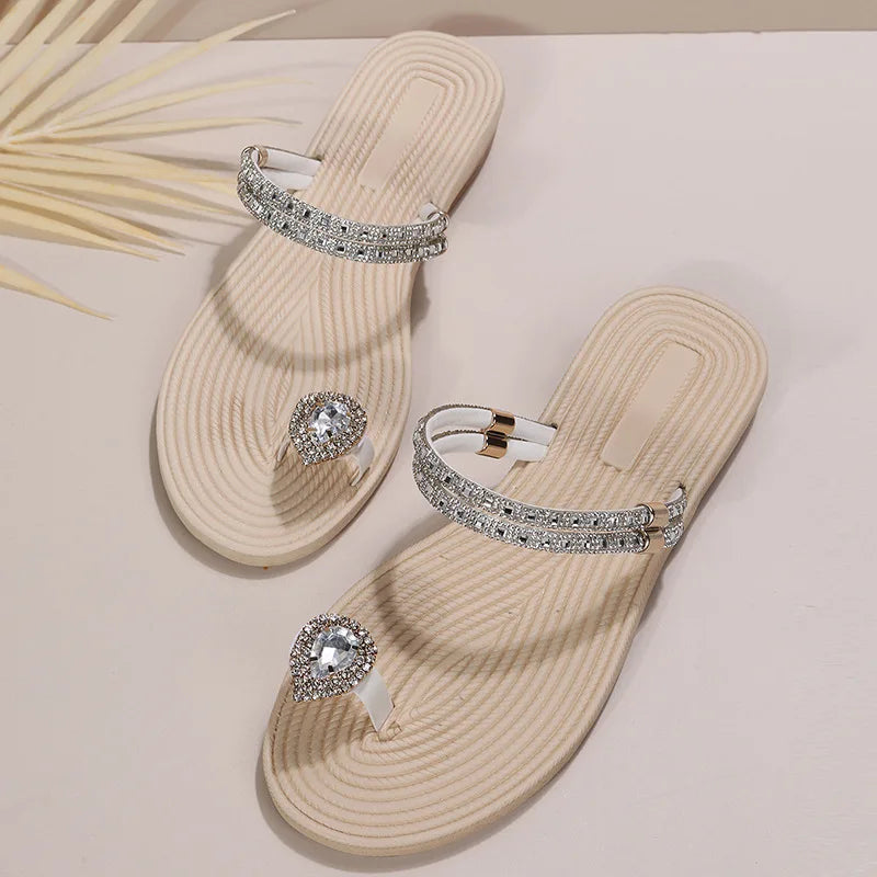 Flip-flops women 2024 summer new two-wear beach sandals European and American rhinestones soft soles flat slippers