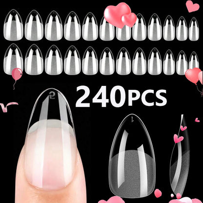 240PCS Short Almond Nail Tips Soft Gel Pre-Shaped Acrylic Nail Tips Half Matte Full Cover Nail Tips Clear Gelly Press on Nail