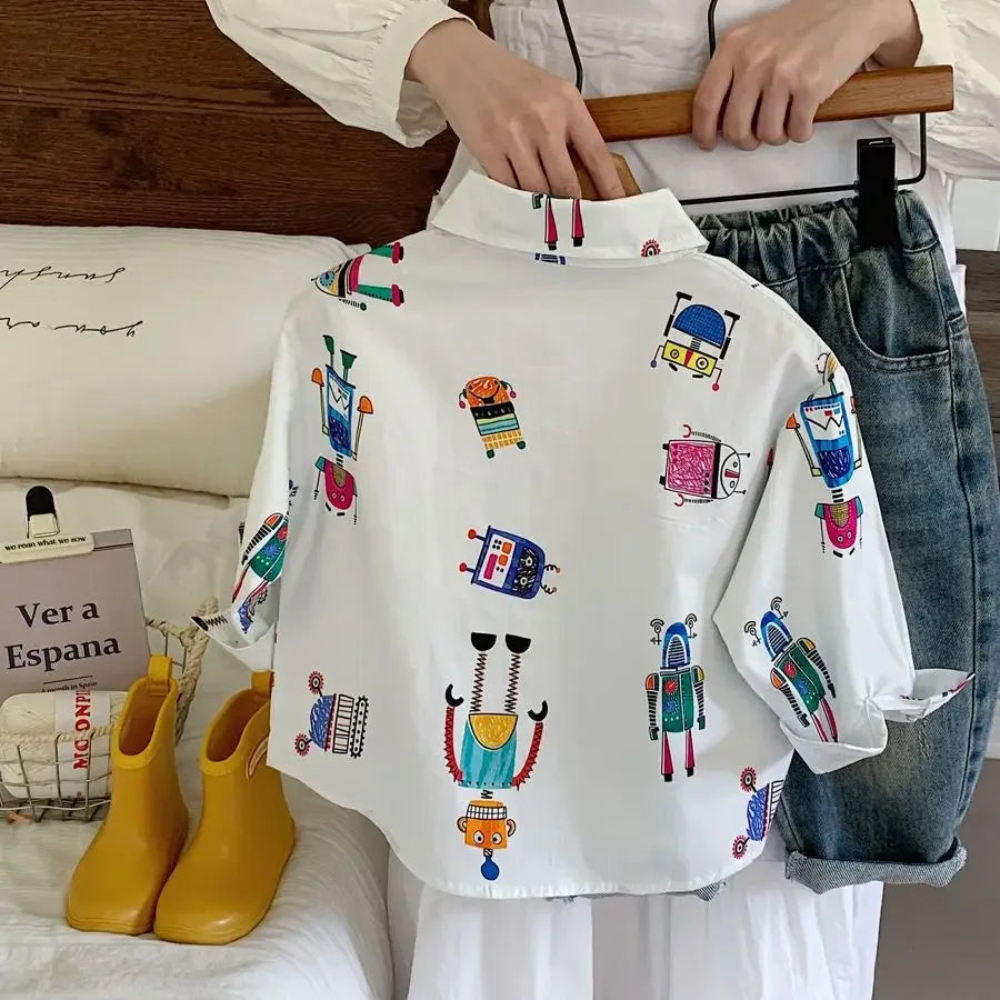 Baby Boys Blouses Toddler Lapel Blouse Kids Long-Sleeved Cotton Tops Full Printed Shirts 2025 Spring Autumn Children's Clothing