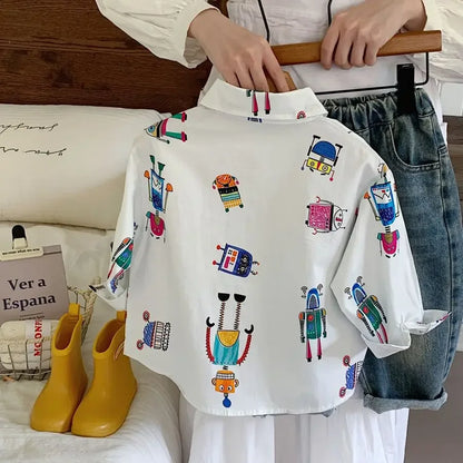 Baby Boys Blouses Toddler Lapel Blouse Kids Long-Sleeved Cotton Tops Full Printed Shirts 2025 Spring Autumn Children's Clothing