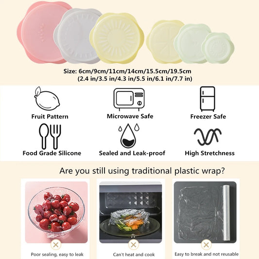 Silicone Stretch Lids Set for Food Storage, 6 PCS of Fruit Pattern Food-grade Sealing Covers for Fresh-keeping