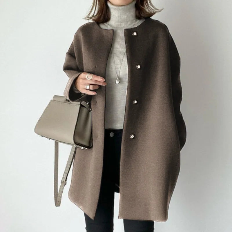 Japan Style Office Lady Elegant Solid Wool Coats Loose Casual Covered Button Jacket Autumn Winter All-match Blends Outwear