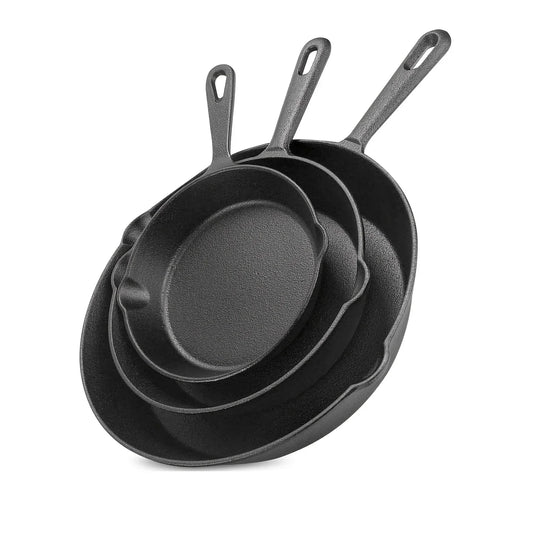 [Durable Cookware] Black Cast Iron Skillet Set - 3pcs, Durable, Dishwasher Safe - Everyday Cookware