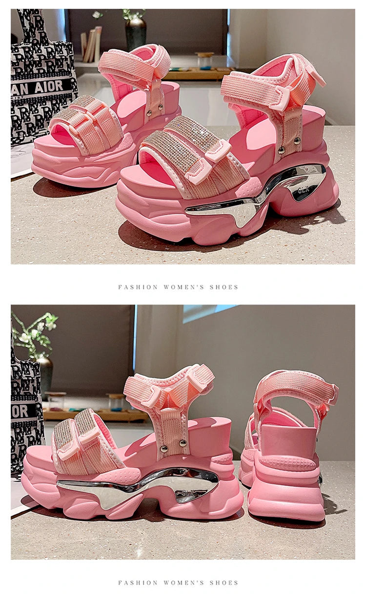 Summer High Platform Women Sandals Buckle 10CM Wedges Bling Shoes Fashion 2023 Outside Chunky Sandals Beach Casual Slides Woman