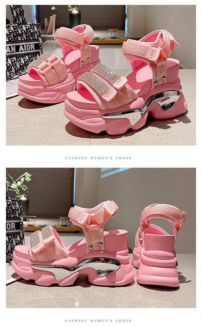 Summer High Platform Women Sandals Buckle 10CM Wedges Bling Shoes Fashion 2023 Outside Chunky Sandals Beach Casual Slides Woman