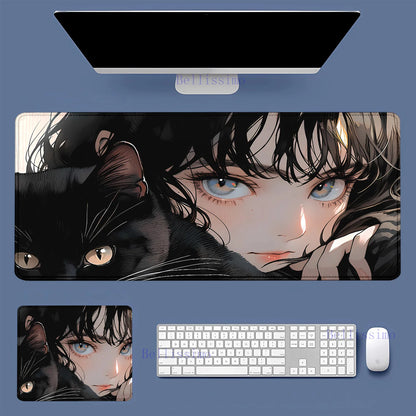 Black Cat and Girl Fast Keyboard pad lock-edge Extended teclado mousepad kawaii Purple Office desktop protection mouse pad XXL