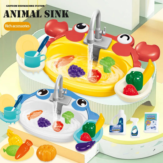 Kitchen Dishwasher Playing Toys, Electric Play Kitchen Sink Simulated Kitchen Accessories Foods Fork Cup Gifts for Boys Girls