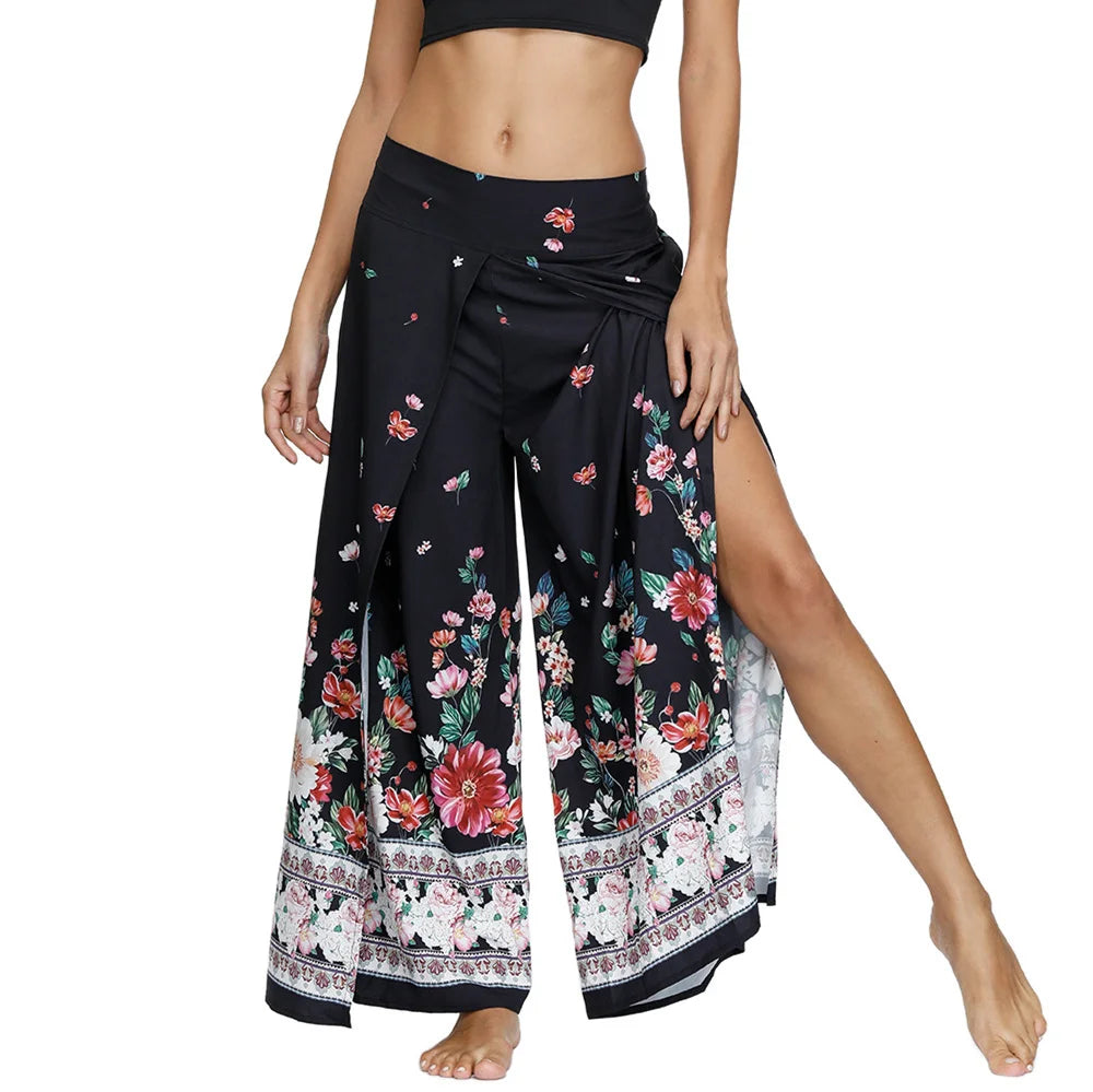 Boho Pants Wide Leg Palazzo Pants with Slits for Women Flowy Hippie Dance Pants,Bohemian Gypsy Yoga Pants