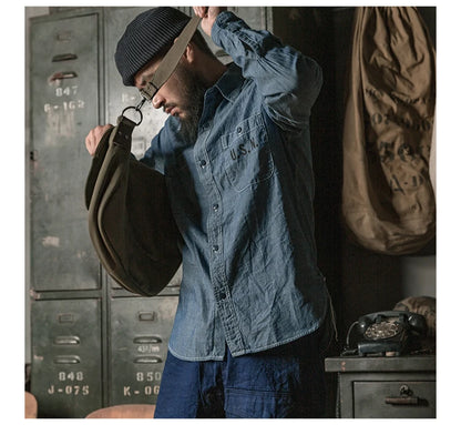 Bronson Repro USN Chambray Work Shirt Rugged Men's Selvedge Workwear Light Blue