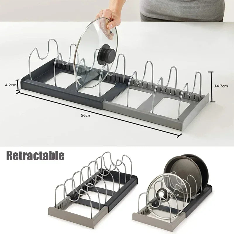 Expandable Pot and Pan Organizer Rack for Cabinet, Pan and Pot Lid Holders with 6 Adjustable Dividers for Kitchen Organization