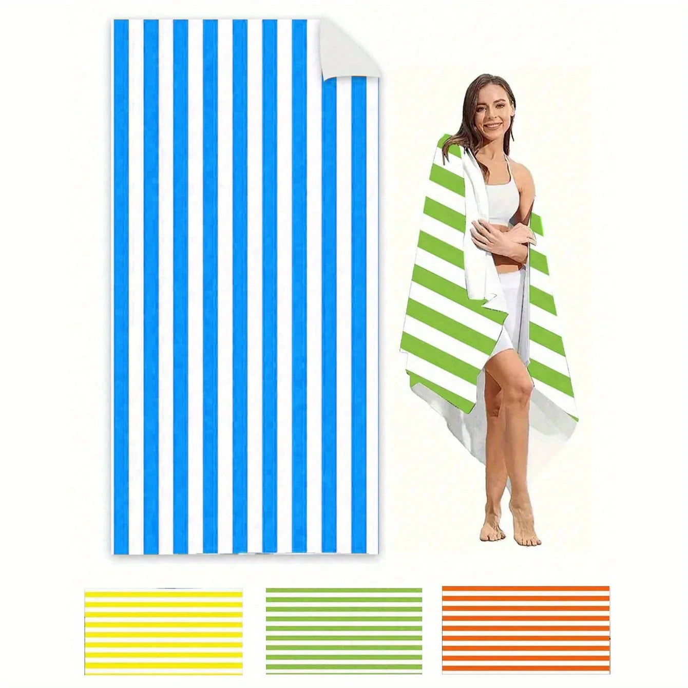 Blue White Striped Beach Towel - Quick-Dry Absorbent Polyester for Beach & Pool, Soft & Lightweight