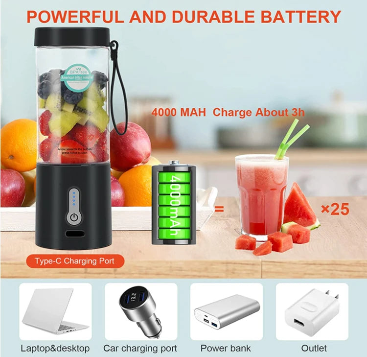 530ML Powerful Portable Blender for Smoothies Shakes USB Rechargeable Food Processor Fruit Mixer Machine Mini Juicer Blender Cup