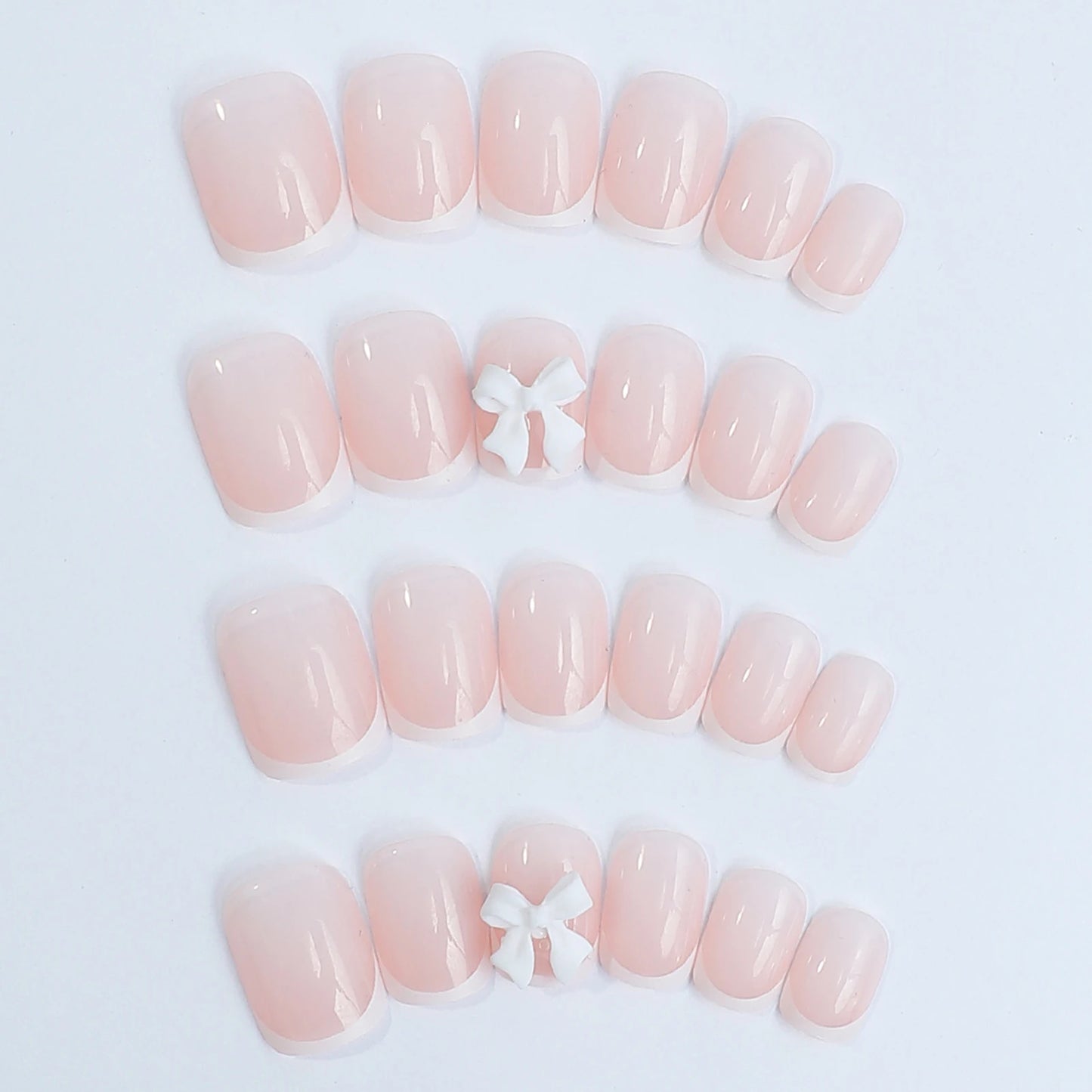 White French Short Press on Nails 3D Bowknot Designs Nude Color Fake Nails Artificial False Nails Tips for Woman DIY Manicure