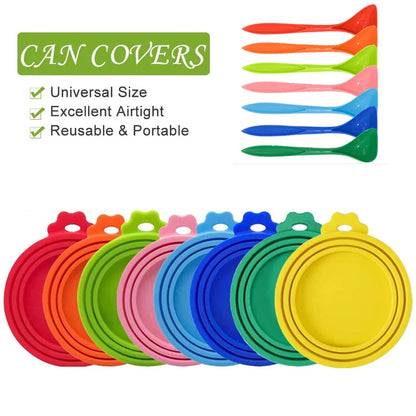 2sets Random Color Silicone Pet Can Lid Reusable Food Storage Keep Fresh Tin Cover Cats Dogs Food Health Supplies Lid and spoon