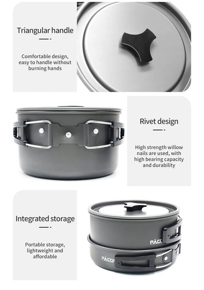 PACOONE Camping Cookware Set Portable Cookware Kit Outdoor Pot Cooking Water Kettle Pan Set Tableware Hiking Picnic Equipment
