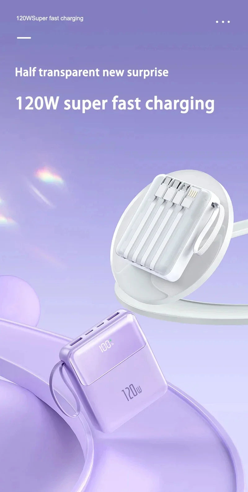 Portable Power Bank 50000mAh 120W Super Fast Charging Mobile External Battery With Four Cable Charger Suitable For iPhone Xiaomi