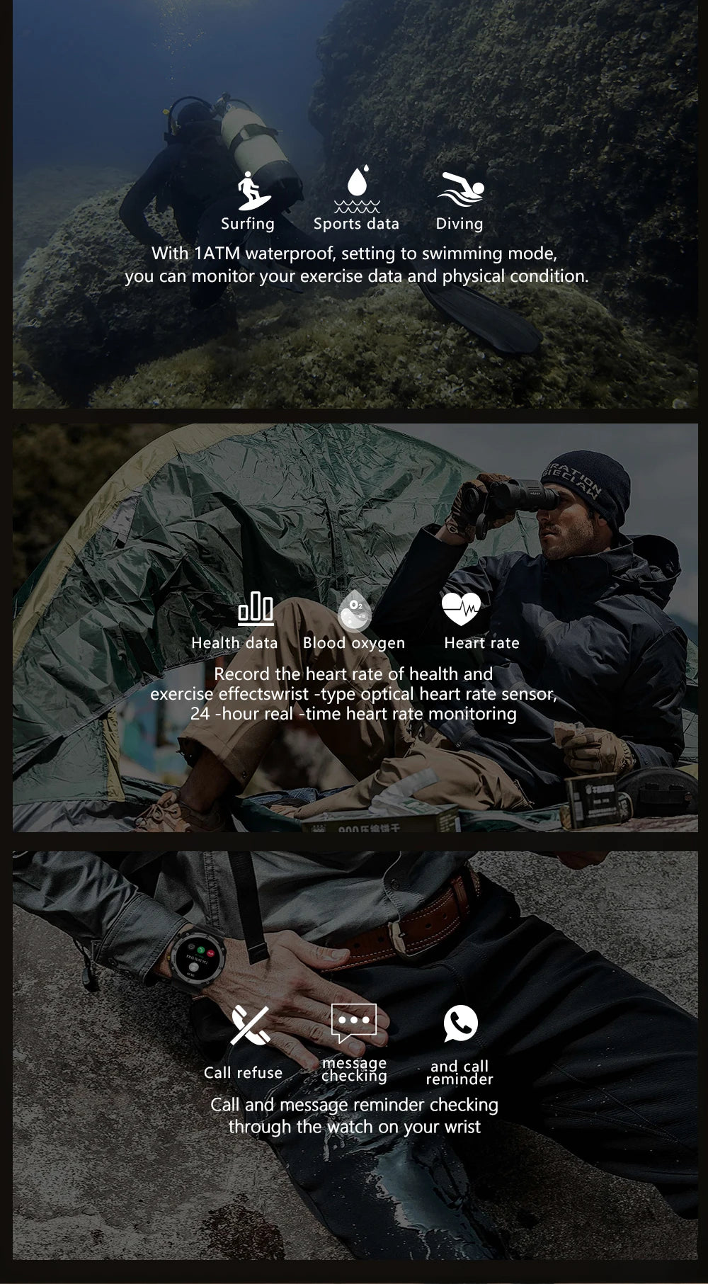 Outdoor Sports Smartwatch Men Fitness Tracker Wireless Call 410mAh Long Standby Time Waterproof Voice Assistant Swimming Watch