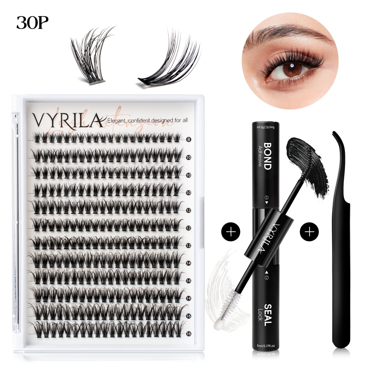 VYRILA Lash Extension Kit Wispy C Curl Lash Clusters Kit Hush 8-16mix Individual Lashes with Lash Bond and Seal Lash Tweezers