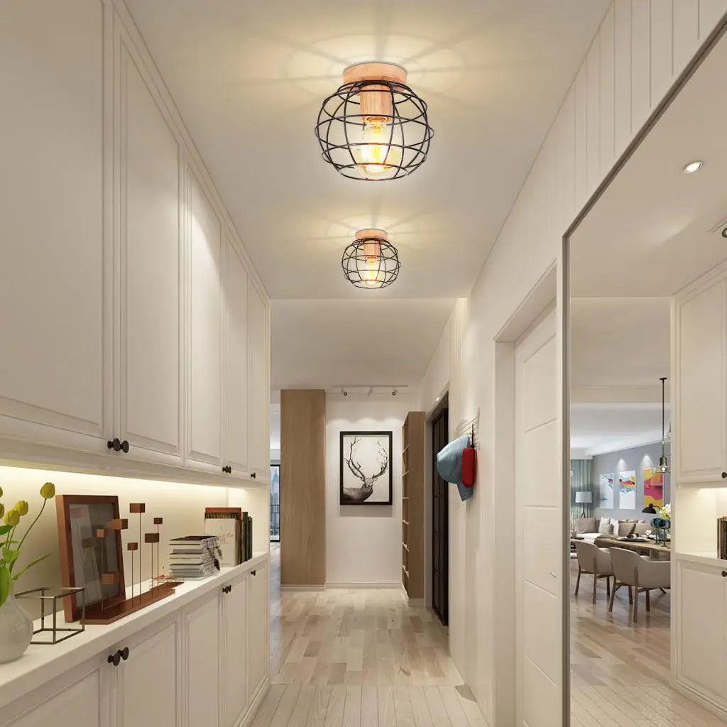LED E27 Ceiling Lights Vintage Industrial Wood Ceiling Lamp for Kitchen Living Room Bar Restaurant Wire Cage Lampshade Lighting