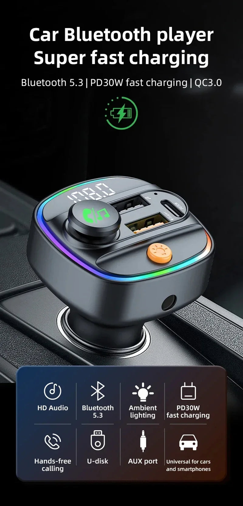 Xiaomi FM Transmitter Bluetooth 5.3 Hands Free Car AUX Radio Modulator MP3 Player with Fast Charging Adapter Auto Accessories