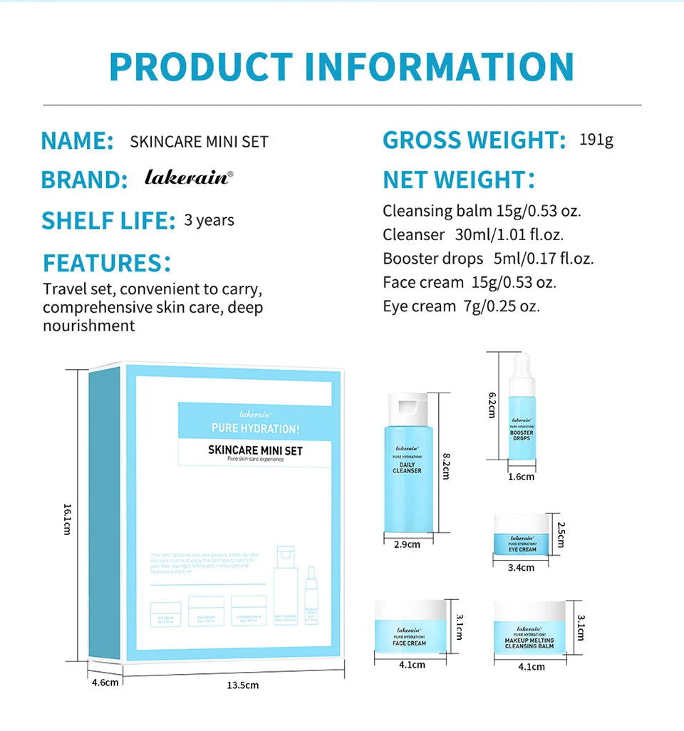 Skincare Mini Kit Cleanser Makeup Remover Moisturiser & Eye Cream For Hydrating Skin Airplane-Friendly Sizes Skincare Set