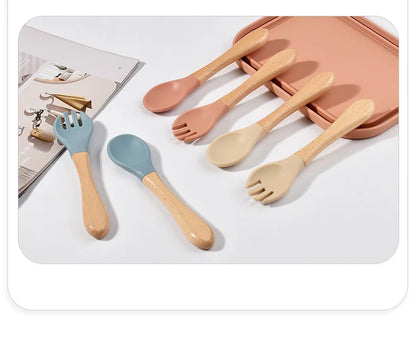 Baby Silicone Feeding Set with Wooden Handle Soft Training Spoon and Fork for Kids