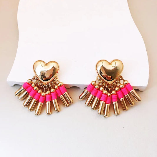 Vintage Ethnic Bohemian Earrings for Women Heart Shaped Tassel Colored Earrings Fashion Wholesale Jewelry