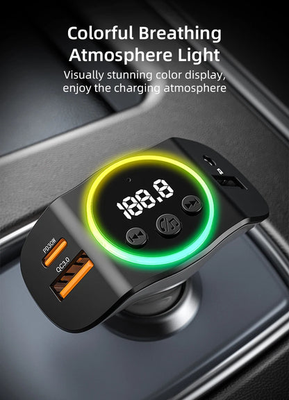 PD30W+QC3.0 Bluetooth 5.3 Car MP3 Player FM Transmitter Wireless Handsfree U Disk Play Music USB Type-C Car Fast Charger Adapter