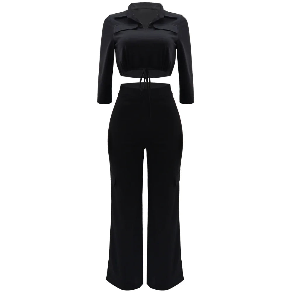 Elegant Office Women Two Piece Sets Autumn V Turn-down Neck Half Sleeve Drawstring Lace Up Short Shirt + Wide Leg Trousers Set