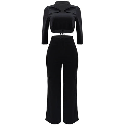 Elegant Office Women Two Piece Sets Autumn V Turn-down Neck Half Sleeve Drawstring Lace Up Short Shirt + Wide Leg Trousers Set