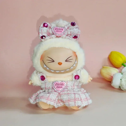 Labubu Sitting Party Outfit V1 V2 Doll Clothes Classic Grid Dress with Fragrance Kids Gift Set