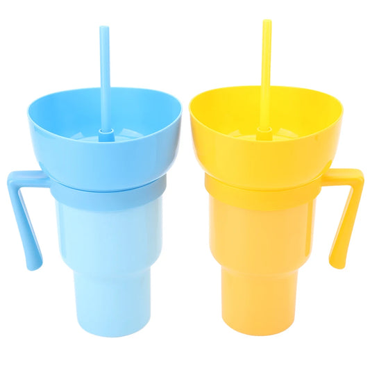 1000ml Snack Cups with Straw Leak-Proof Snack and Drink Cup Popcorn Beverage Cup 2 In 1 Color Changing for Cinema Home Travel