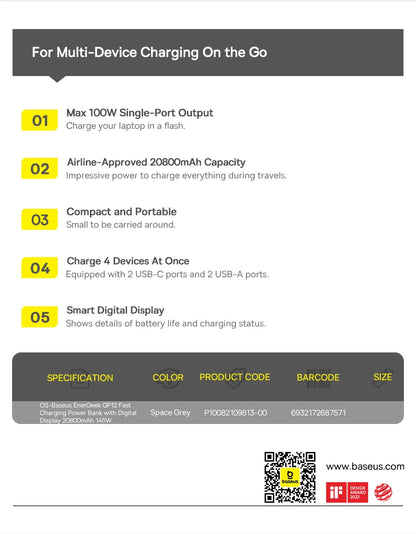 Baseus 145W Power Bank 20800mAh Dual USB A USB C PD 100W Fast Charging Digital Display Portable PowerBank for Laptop Phone Steam