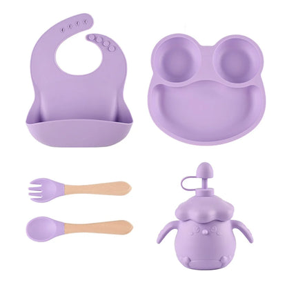 4PCS Silicone Children Tableware Baby Feeding Set Silicone Dinner Plate Wood Handle Spoon Fork Silicone Bibs BPA Free