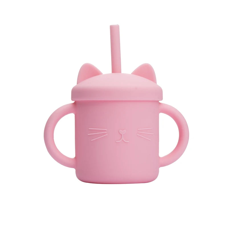 Baby Food Grade Feeding Cup Kid Double Handle Design Cute Cat Styling Straw Bottle Anti-Hot Leakproof Baby Silicone Feeding Cups