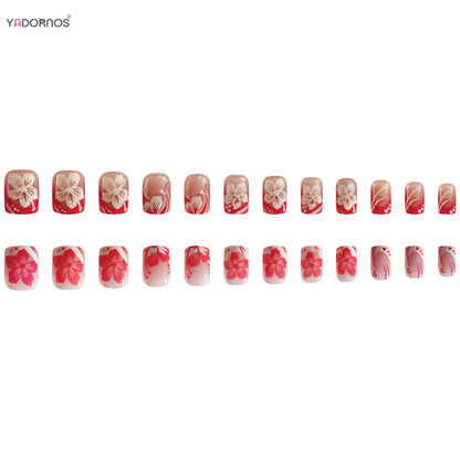 24Pcs Fairy White Flower Fake Nails Pink French Tip Press on Nails Short Square Wearable False Nail for Women Girls DIY Manicure