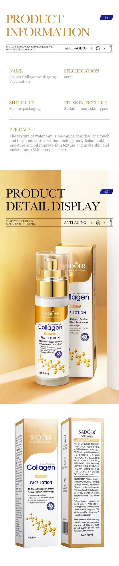 SADOER Collagen Facial Serum Face Lotion Moisturizing Face Emulsion Oil Control Water Replenishment Refreshing Facial Essence