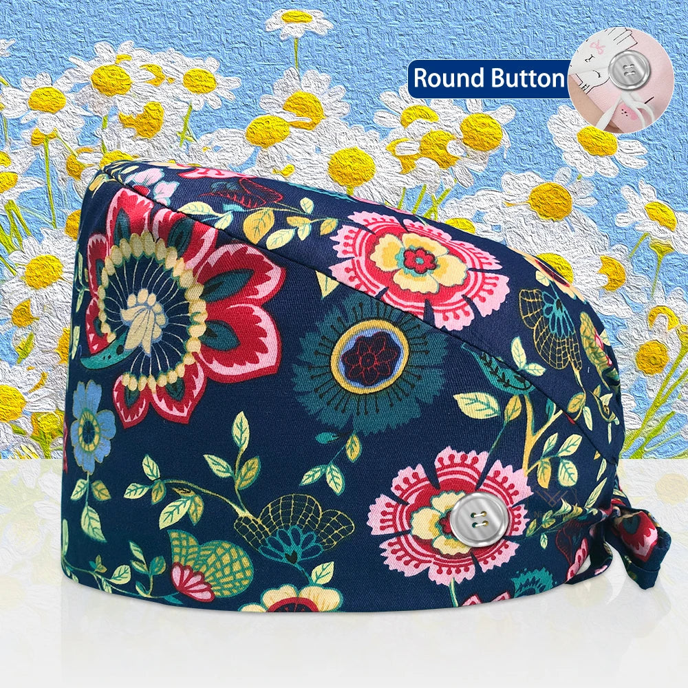 Cotton Lab Work Scrubs Caps Flower Printing Medical Scrubs Women Surgical Caps Health Service Caps Operator Hats Nursing Hats