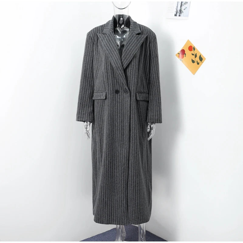 Retro Striped Lapel Woolen Long Coat Women Casual Loose Dark Grey Oversize Coats Female Winter Elegant Chic Outwear
