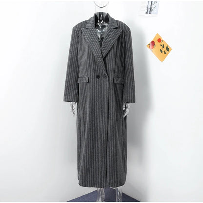 Retro Striped Lapel Woolen Long Coat Women Casual Loose Dark Grey Oversize Coats Female Winter Elegant Chic Outwear