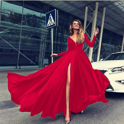 European American Wedding Dresses Wheat Dress Sexy Deep V Long Sleeved Sequined Dress Woman Party Solid Dress Maxi Floor Gowns