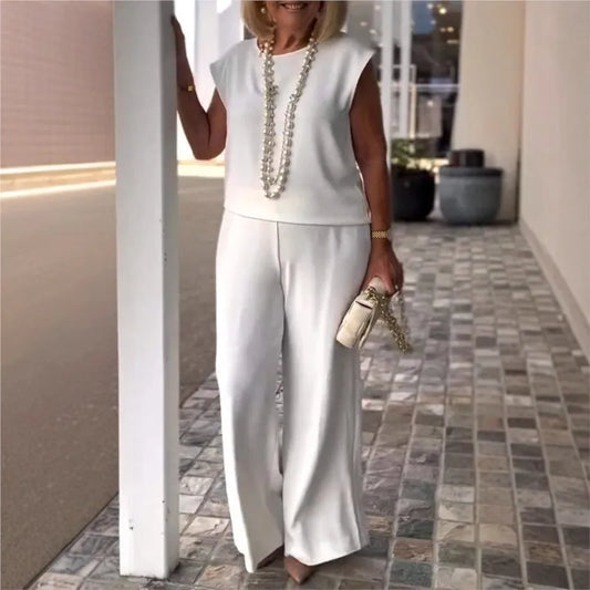 Elegant Women 2-piece Office Set 2025 Group Of Pant Outfit Ladies Temperament Sleeveless O-Neck Blouse Tops&Wide Leg Pants Suit