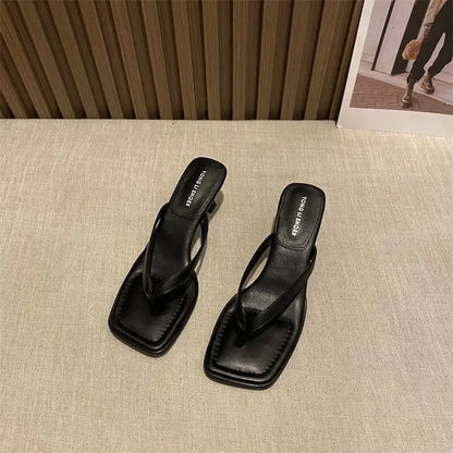 Flip Flops Women Summer Outside New Square Head Slim Heel Sandals Fashion Clip Toe Slippers Women Sandals Pantuflas De Mujer