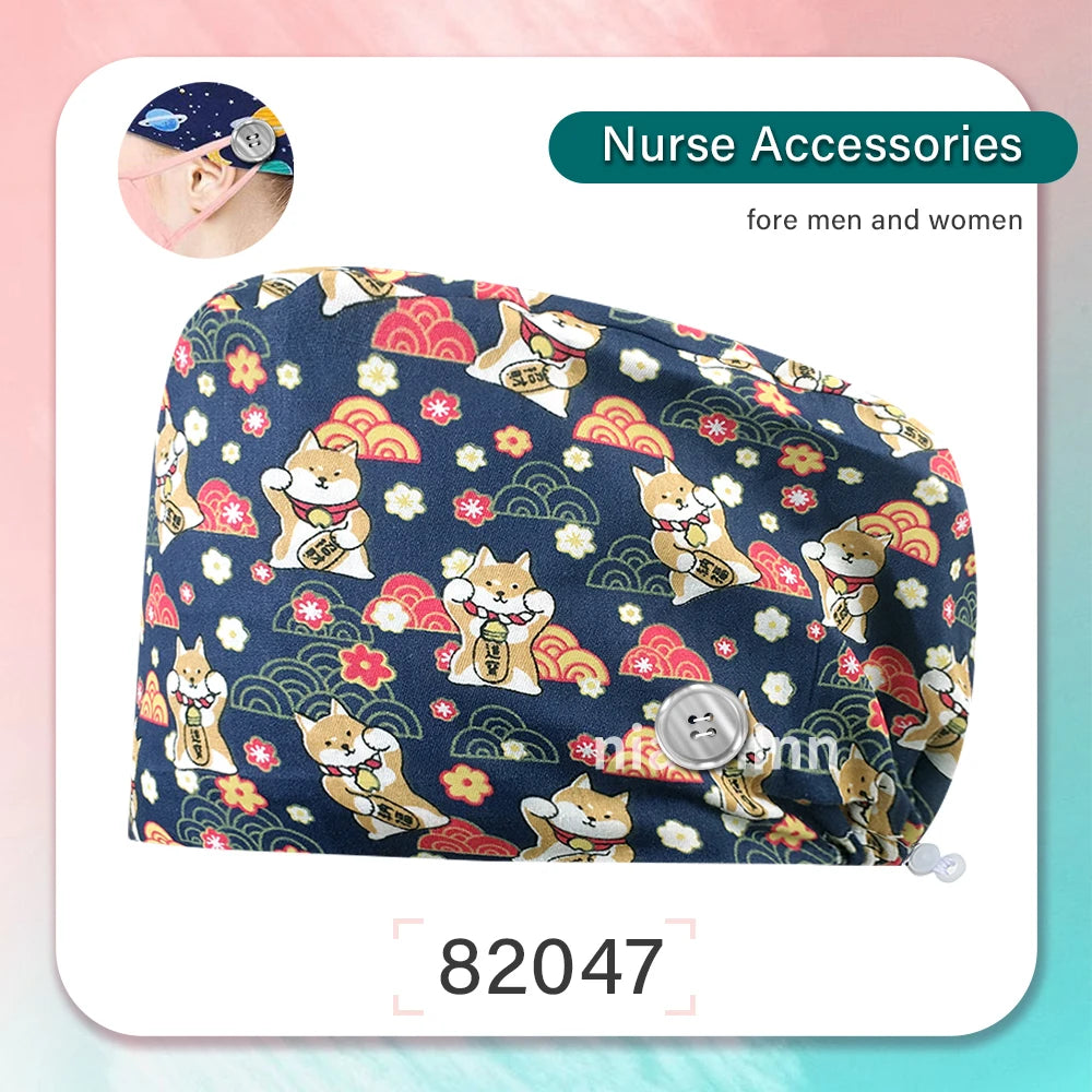 Cartoon Printed Operating Room Doctor Work Scrub Hat Pharmacy Dentistry Clinic Surgical Cap Adjustable Medical Nurse Accessories