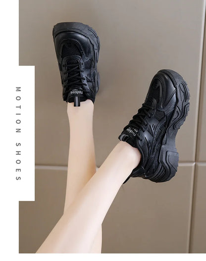 Black Daddy Thick Sole Sneakers Casual Vulcanized Shoes Women High Platform Sneakers Lace Up White Sneakers Women