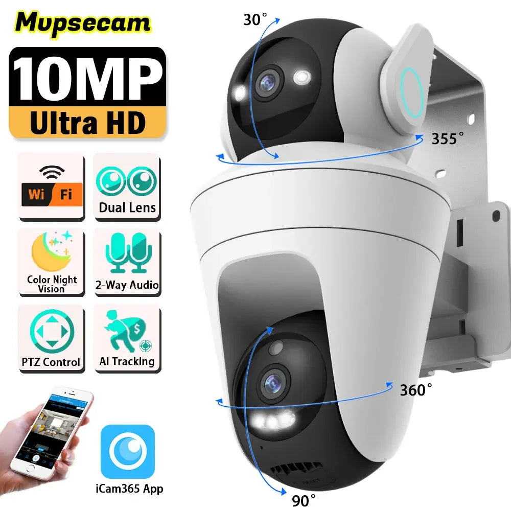 Smart WiFi Security Camera Outdoor Dual PTZ Control 10MP Dual Lens 360° Wireless Video Surveillance IP Camera Smart Home