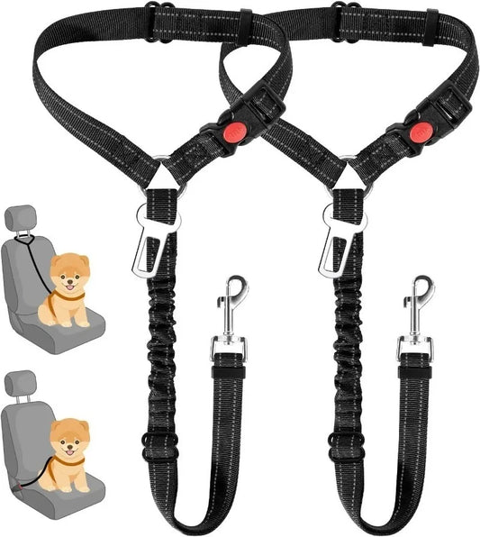 Dog Seat Belt for Car,Dog Car Harness Seatbelt Adjustable with Elastic Bungee Buffer, 2in1 Pet Leash Restraint Dog Safety Tether