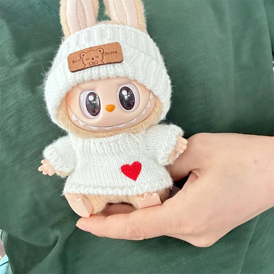 Cute Labubu Bunny Doll Accessories with Knitted Clothes Rabbit Ears Hat Heart Sweater for Toy Collectors Labubu Clothes