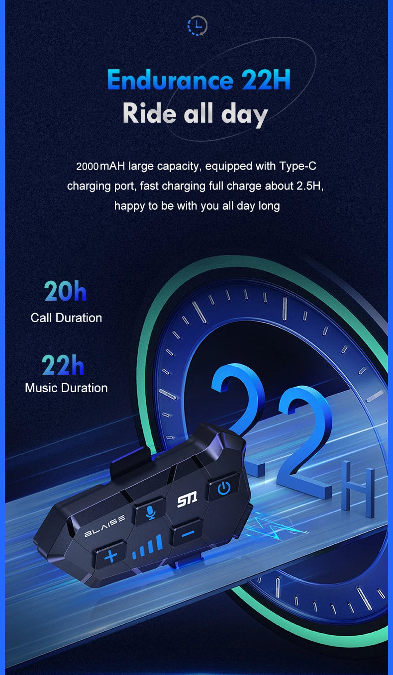 Y10 Motorcycle Helmet Bluetooth Headset 2000Mah Super Long Standby Wireless Hands-free Waterproof Motorbike Earphone