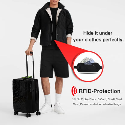 RFID Blocking Money Belt for Travel -Hidden Anti-Theft Passport Wallet & Slim Fanny Pack - Secure Waist Pouch for Cash, Cards
